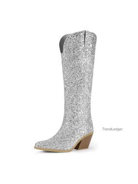 Glitter Sequin Cowboy Boots Pointed Toe Block Heel Knee High